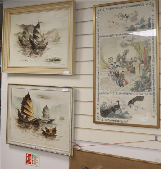 Tong Wong, two oils on canvas, Studies of junks at sea, 44 x 59cm, and a Chinese painting on silk